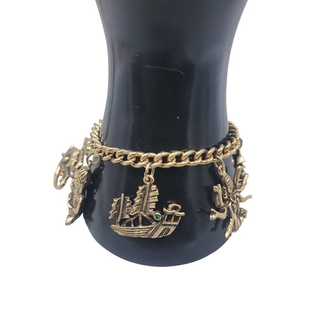 Oriental Charm Bracelet 6.5" Gold Tone Hindu Goddess Feung Ship Budda Dragon